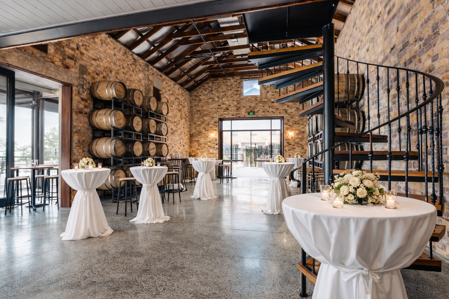 The Engineers Hut arranged for a wedding, with cocktail tables, flowers, barrels and a spiral staircase.